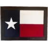 Framed Texas flag with a rustic wooden border. The flag features a single white star on a blue vertical stripe on the left, with horizontal white and red stripes on the right.
