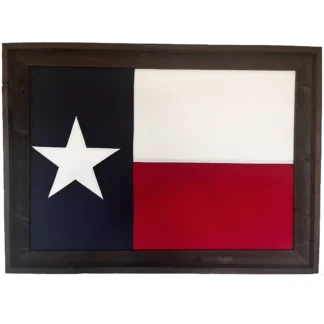 Framed Texas flag with a rustic wooden border. The flag features a single white star on a blue vertical stripe on the left, with horizontal white and red stripes on the right.