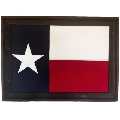 Framed Texas flag with a rustic wooden border. The flag features a single white star on a blue vertical stripe on the left, with horizontal white and red stripes on the right.