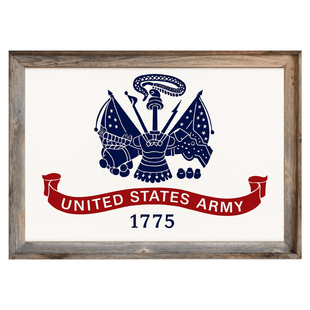 A framed United States Army flag featuring the official emblem in navy blue and red on a white background, with 'UNITED STATES ARMY' in a red ribbon and '1775' below, enclosed in a rustic wooden frame.