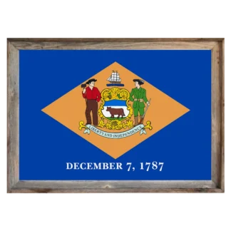 Delaware state flag with buff diamond seal, framed in light rustic reclaimed wood.