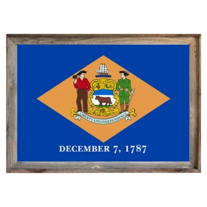 Delaware state flag with buff diamond seal, framed in light rustic reclaimed wood.