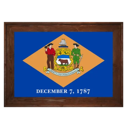 Delaware state flag with buff diamond seal, framed in dark walnut‑stained wood.