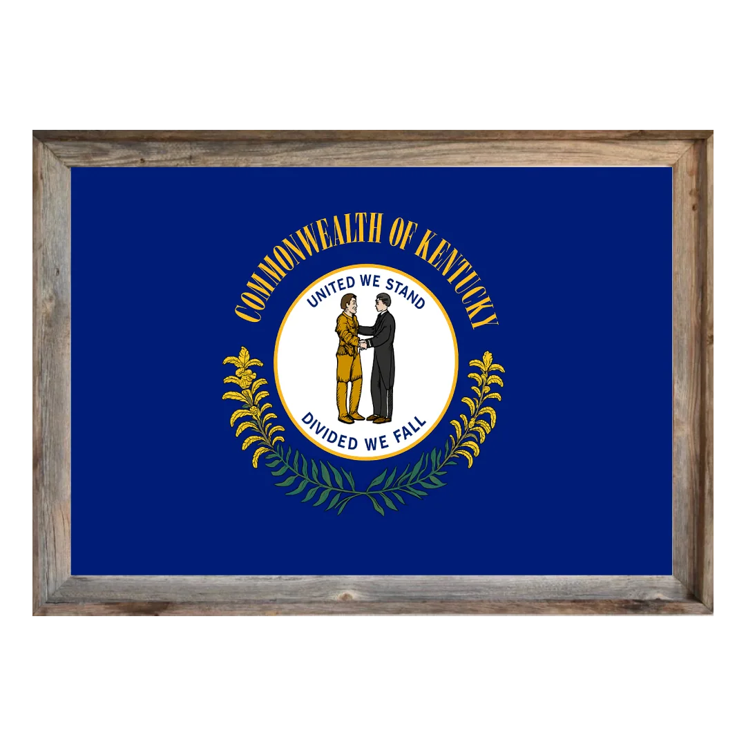 Framed Kentucky Flag 1 Framed Kentucky state flag showing handshake state seal on navy field, encircled by golden “Commonwealth of Kentucky” and sprigs, in rustic light‑wood frame.