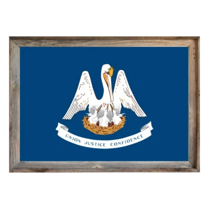 Framed Louisiana state flag showing white pelican feeding chicks on blue field with “Union Justice Confidence” ribbon, set in rustic light‑wood frame