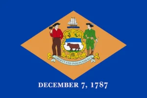 Stand‑alone Delaware state flag showing buff diamond and “December 7, 1787” on blue field.