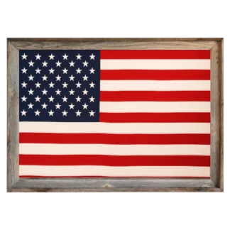 Framed American flag with 50 white stars and red‑and‑white stripes set in a rustic reclaimed‑wood frame.