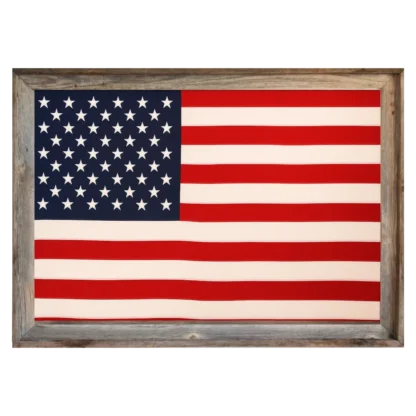 Framed American flag with 50 white stars and red‑and‑white stripes set in a rustic reclaimed‑wood frame.