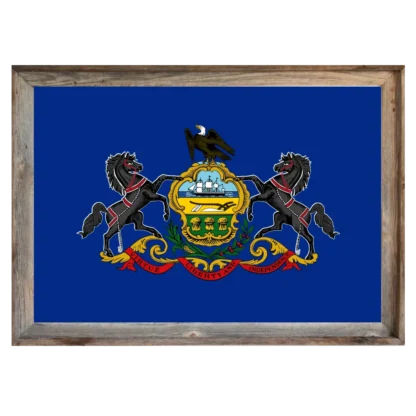 Framed Pennsylvania state flag with blue field and full coat‑of‑arms in a rustic reclaimed‑wood frame.