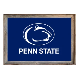 Framed Penn State flag with navy background, white Nittany Lion head logo and “PENN STATE” text, set in rustic light‑wood frame