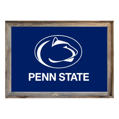 Framed Penn State flag with navy background, white Nittany Lion head logo and “PENN STATE” text, set in rustic light‑wood frame