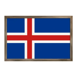 Framed Icelandic flag featuring a red cross outlined in white on a blue field, displayed inside a rustic wooden frame