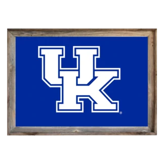 A framed sign with a vibrant blue background features the white interlocking letters "UK" outlined in a thin blue line, representing the logo of the University of Kentucky. The frame is constructed from rustic, weathered gray wood.