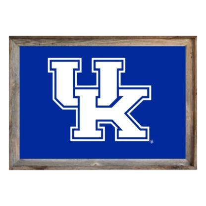 A framed sign with a vibrant blue background features the white interlocking letters "UK" outlined in a thin blue line, representing the logo of the University of Kentucky. The frame is constructed from rustic, weathered gray wood.