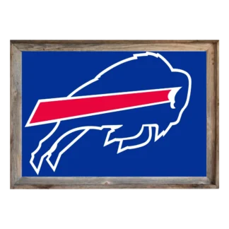 Framed Buffalo Bills flag featuring charging buffalo logo with red streak on royal‑blue background, set in rustic light‑wood frame