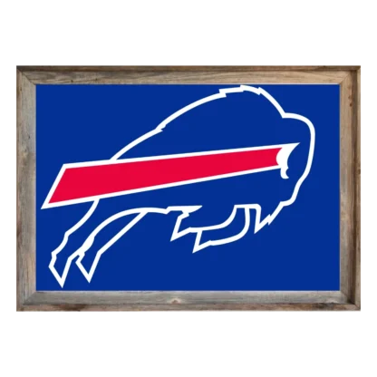 Framed Buffalo Bills flag featuring charging buffalo logo with red streak on royal‑blue background, set in rustic light‑wood frame