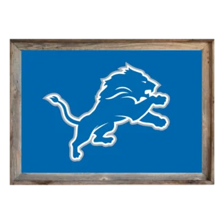 Framed Detroit Lions flag with Honolulu‑blue field and silver leaping lion logo, set in rustic light‑wood frame