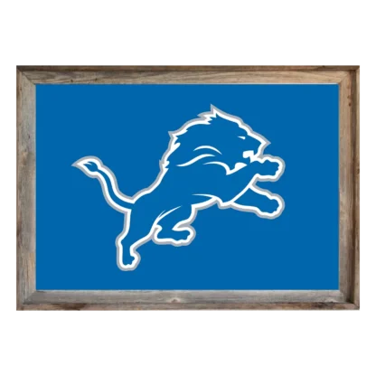 Framed Detroit Lions flag with Honolulu‑blue field and silver leaping lion logo, set in rustic light‑wood frame