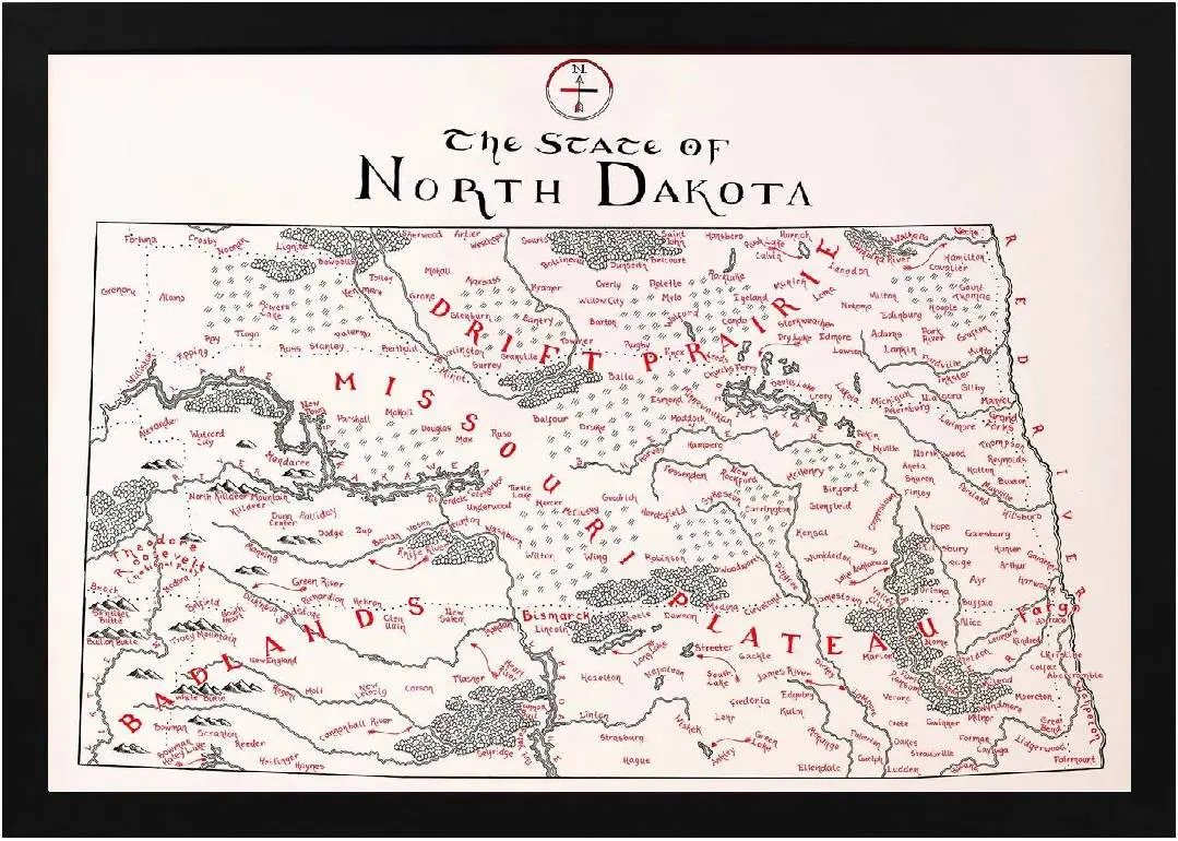 Framed North Dakota Map 2 Framed North Dakota Map Black
