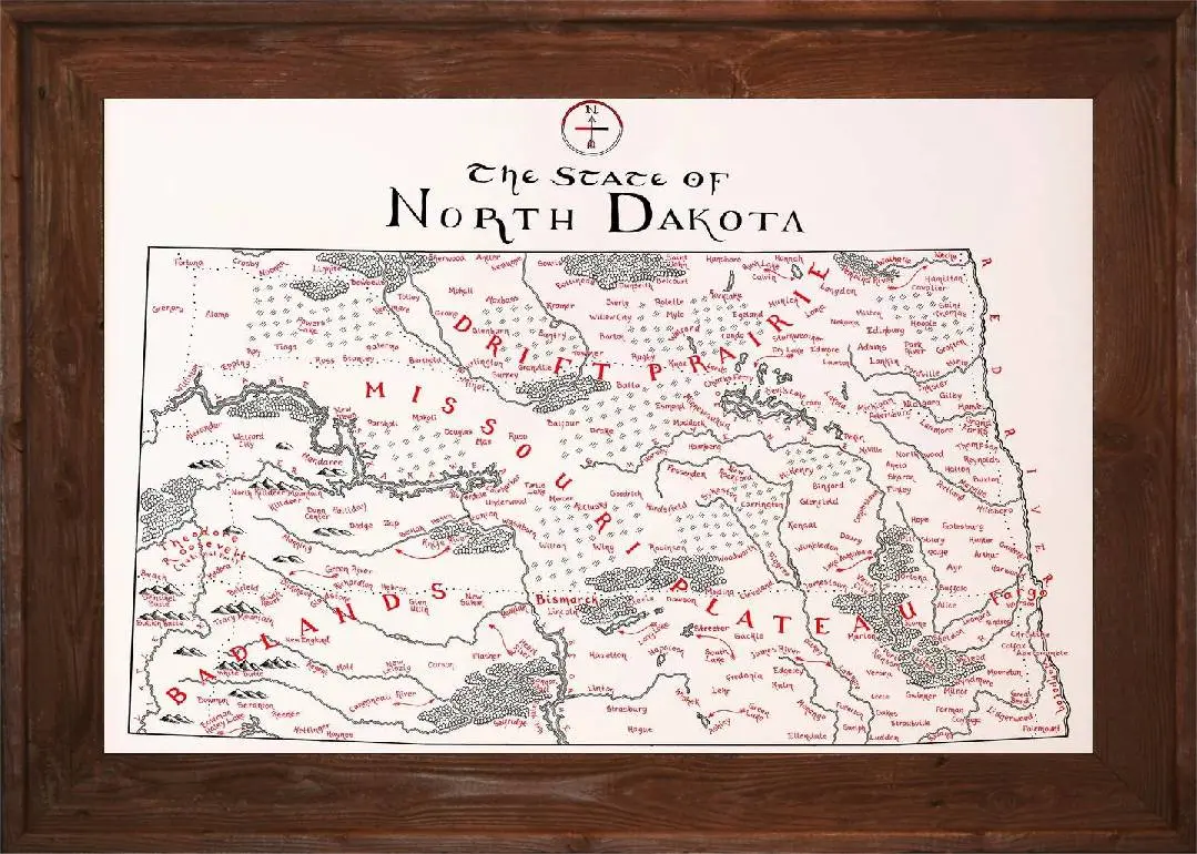 Framed North Dakota Map 3 Framed North Dakota Map Dark