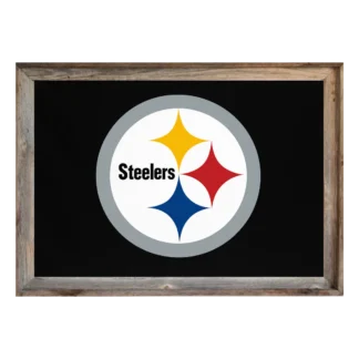 Framed Pittsburgh Steelers flag displaying black field with circular logo and yellow, red, blue hypocycloids, set in rustic light‑wood frame