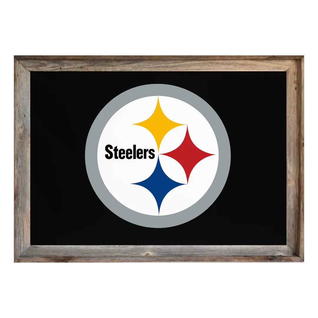 Framed Pittsburgh Steelers Flag 3x5 1 Framed Pittsburgh Steelers flag displaying black field with circular logo and yellow, red, blue hypocycloids, set in rustic light‑wood frame