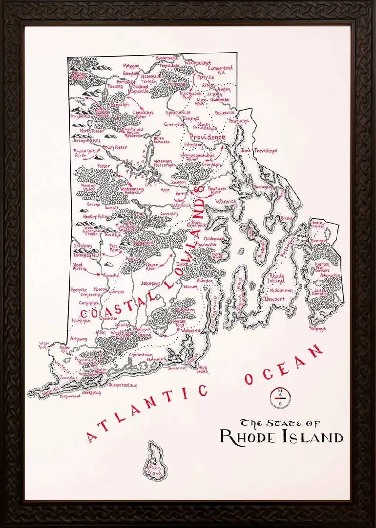 Framed Rhode Island Map 4 Framed Rhode Island Map Ornate
