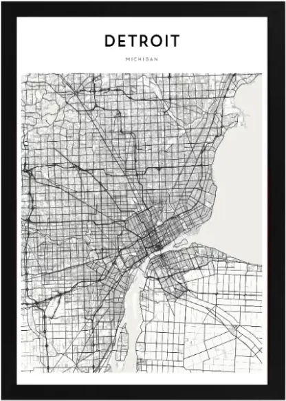 Framed Detroit Map Black