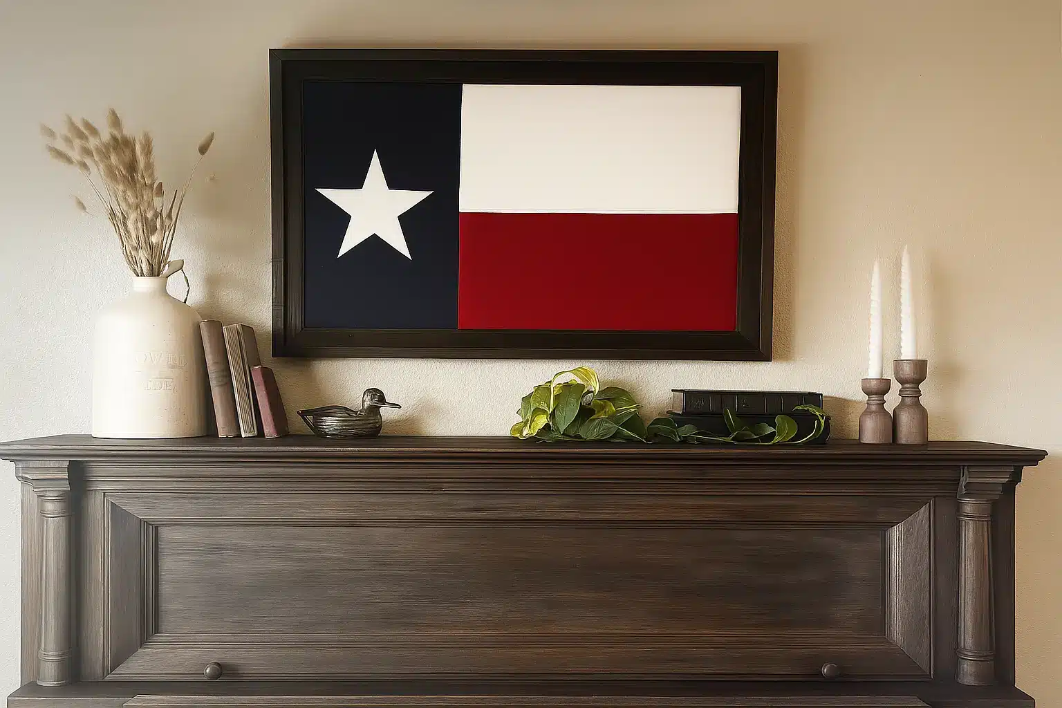 Framed Texas flag displayed above a dark wood piano mantel with decorative books, candles, plants, and a ceramic vase
