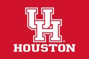 Close-up of framed University of Houston flag with interlocking UH logo