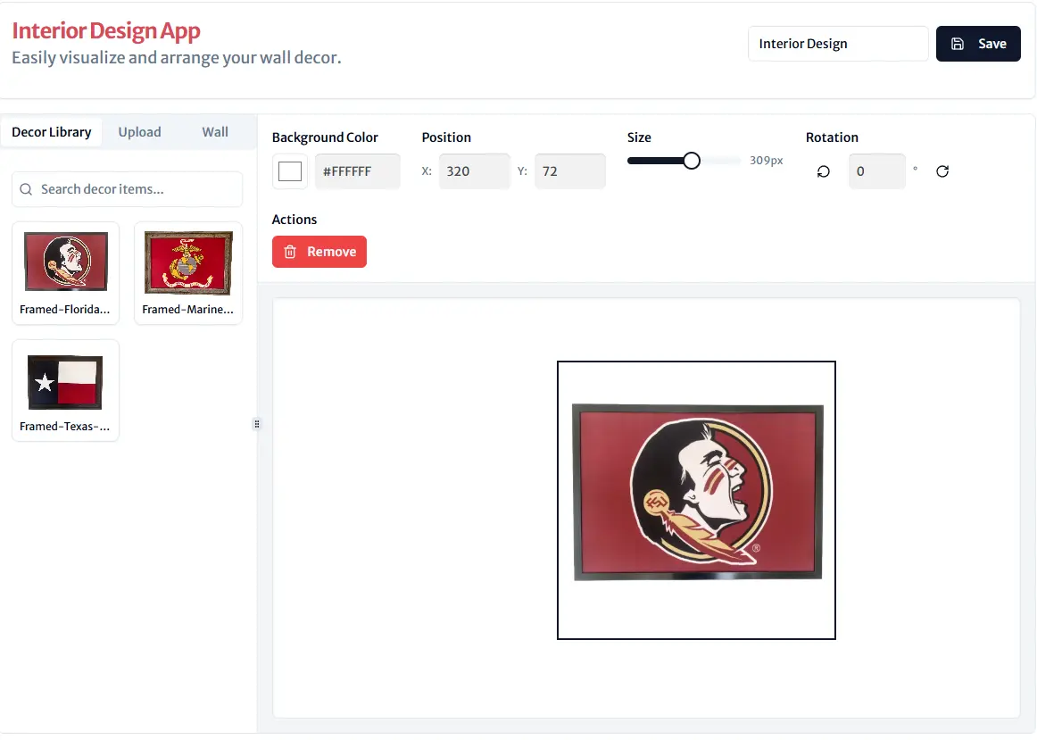 Screenshot of Framed Favorites Room Visualizer showing a framed Florida State flag positioned on a wall