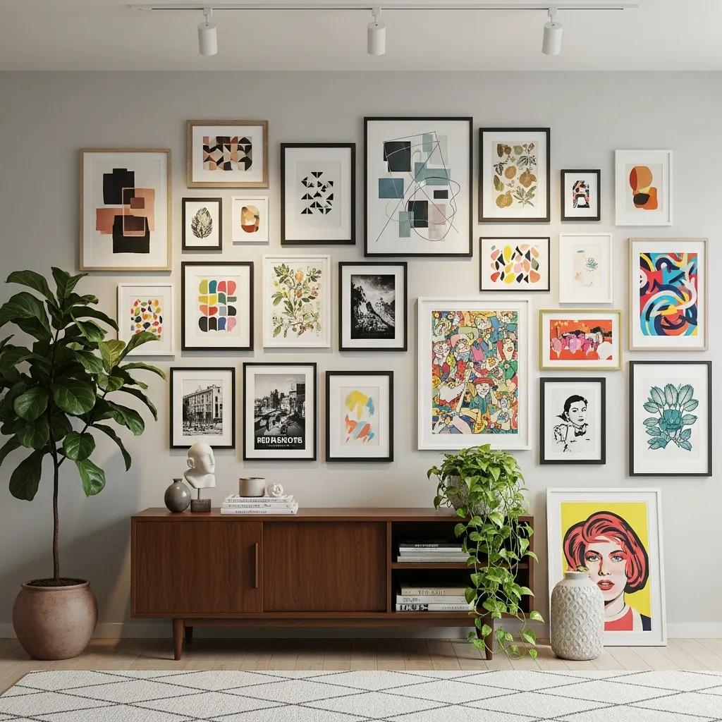 Get Custom Framing for Art Prints & Posters | Enhance Your Wall Decor 2 A dynamic gallery wall with a mix of custom framed art prints and posters, showcasing various styles and colors in a modern living space