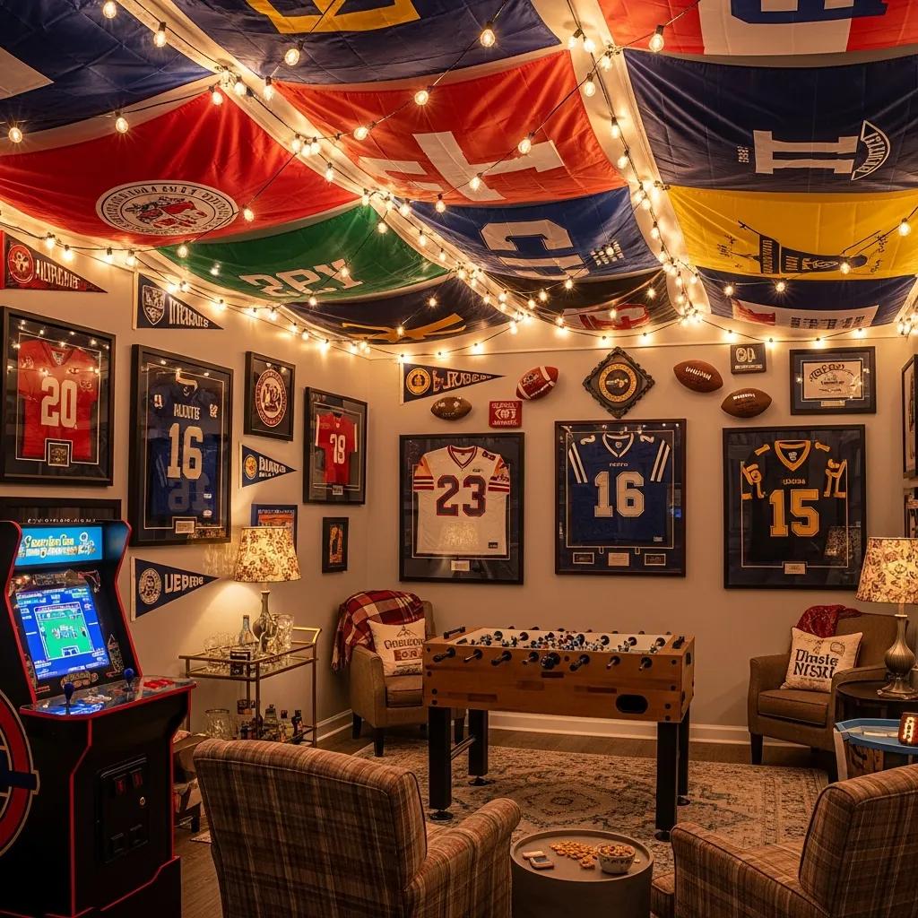How to Display College Flags in Your Home: The Complete Guide 5 Creative display of college flags in a game room, showcasing school spirit with sports memorabilia and string lights
