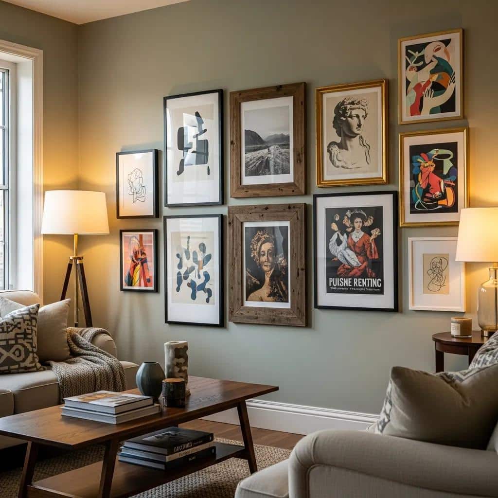 Get Custom Framing for Art Prints & Posters | Enhance Your Wall Decor 1 Custom frames displaying art prints in a stylish living room, showcasing various styles and enhancing wall decor